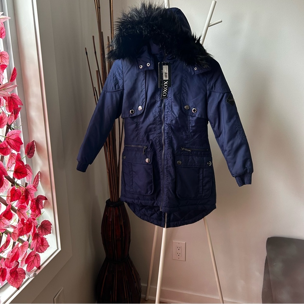 Navy Parka with Faux Fur Trim
